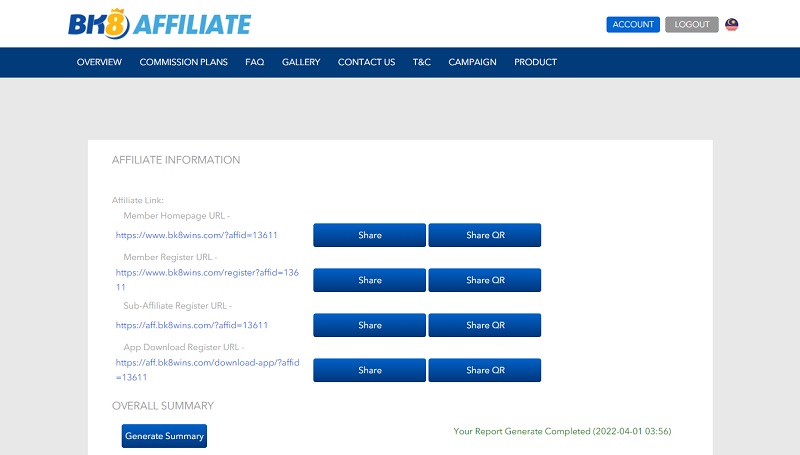 BK8 Affiliate backend by SuperSwan affiliate program software