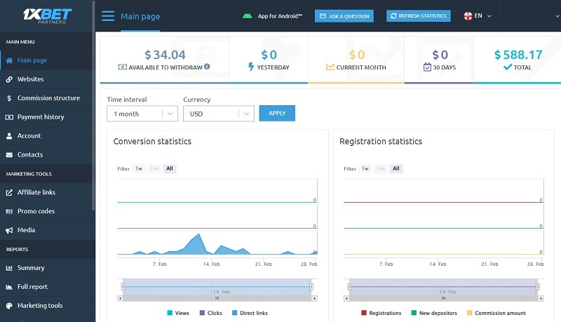 1xBet Partners backend by Proprietary affiliate program software