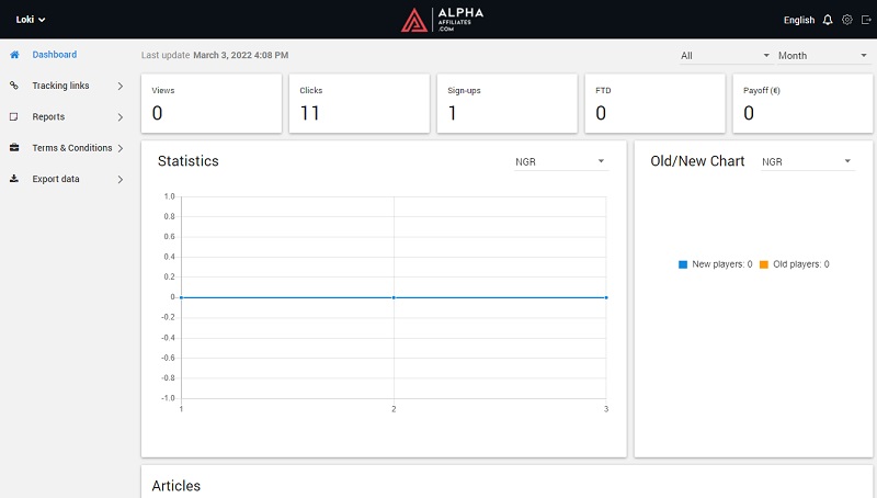 Alpha Affiliates backend by Quintessence affiliate program software