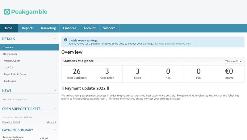 GnG Affiliates (Peakgamble) backend by iGsuite affiliate program software