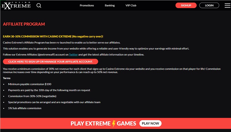 Casino Extreme Affiliates website & screenshot