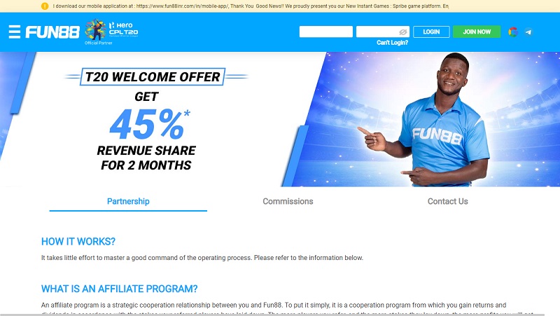 Fun88 Affiliates website & screenshot