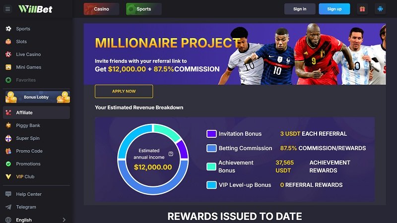 WillBet.io Affiliates website & screenshot