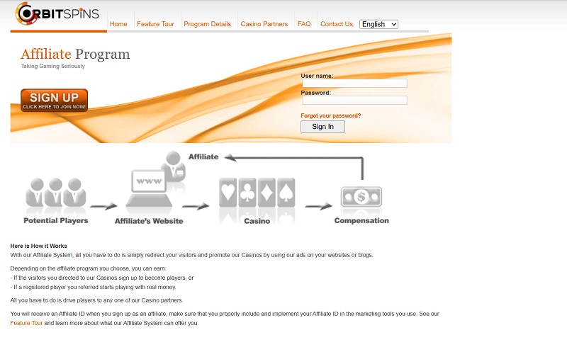 Orbitspins Affiliates website & screenshot