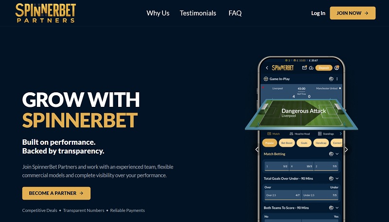 SpinnerBet Partners website & screenshot