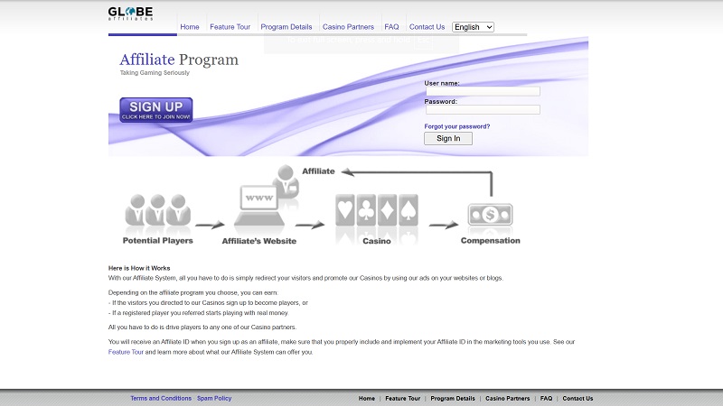 Globe Affiliates website & screenshot